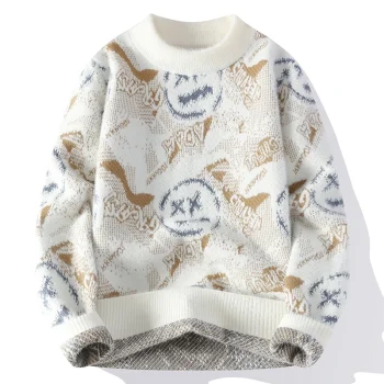 Autumn Winter Graffiti Men's New Sweater 2025 High Quality Men's Brand Hoodie Warm Knitted Tops High Street Trendy Bottom Shirt