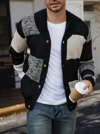 Men's Autumn and Winter Cardigan Sweater, Black-White-Gray Plaid Color Block, Casual and Versatile Knitted Jacket
