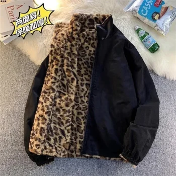 American retro double-sided leopard print cotton jacket vintage warm coat thick lambskin cotton jackets for women winter clothes