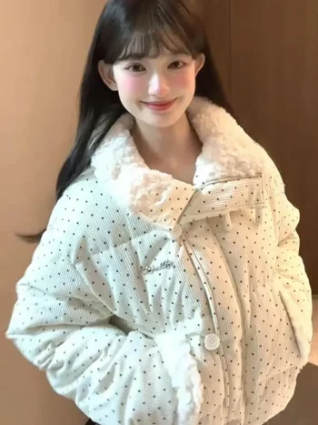 Sweet Polka Dot Parkas Women Winter Loose Casual Thicken Button Patchwork Puffy Coats Korean Fashion Fur Collar Female Outwear