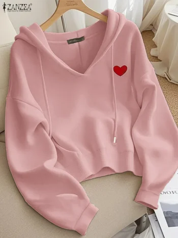 ZANZEA Women Long Sleeve Hoodies Fashion Sweatshirts Embroidery Heart Print Jumpers 2025 Autumn Hooded Casual Loose Sweatshirt
