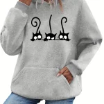 Women's autumn and winter casual loose warm personalized cat pattern printed suede long sleeved hooded sweatshirt