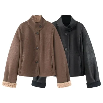 2025 Winter New Women's Casual Fashion Temperament Versatile High Neck Long Sleeve Suede Effect Double-sided Jacket