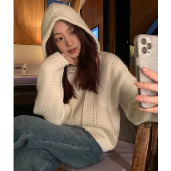 College Style Ladies Sweater Lazy Style Korean Fashion Autumn and Winter Korean Style Long-sleeved Hooded Solid Color Warm