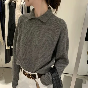 Vintage Turn Down Collar Knitted Jumpers Women Temperament Casual Gray Sweaters for Woman Autumn Winter Soft Warm Knitwear Tops