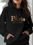 Women's autumn and winter warm and loose casual Paris pattern printed suede long sleeved hooded sweatshirt