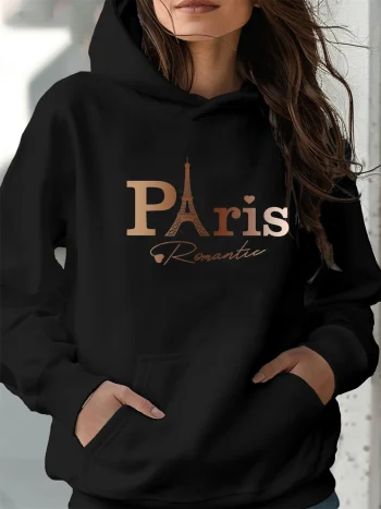 Women's autumn and winter warm and loose casual Paris pattern printed suede long sleeved hooded sweatshirt
