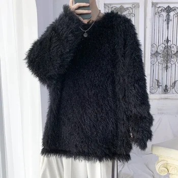 Mink fur soft and sticky sweater, men's trendy, high-end, lazy style, knitted base sweater, autumn and winter thick