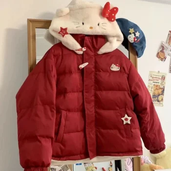 Sanrioed Cinnamoroll Padded Jacket Women Double-Sided Cotton Coat Kawaii Hello Kittys Christmas Embroidery Plus Velvet Tops Cute