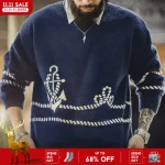 Maden Vintage Men's Cable Knit Sweater Navy Polar Fleece Pullover Versatile Wear Casual Knitwear Tops for Autumn Winter