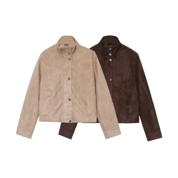 2025 autumn new women's clothing retro style fashionable versatile suede texture stand up collar long sleeved jacket