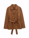 Women's Faux Suede Jacket Coat with Belt Long Sleeve Front Pocket Chic Outerwear Female Tops