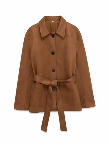 Women's Faux Suede Jacket Coat with Belt Long Sleeve Front Pocket Chic Outerwear Female Tops