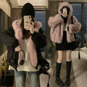 Double Sided Winter Coat Women Clothing Imitation Mink Fur Fur Hooded Cotton Jacket Female Warm Cotton-padded Clothes Outerwea