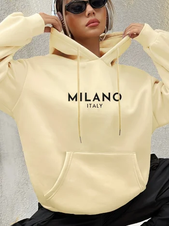 Milano Italy Polyester Hoodie for Women 100% Knit Fabric Alphabet Print Casual Long Sleeve Sweatshirt with Pocket