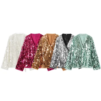 Fashion Lace Up Sequins Patchwork Kimono Women Chic V Neck Long Sleeves Loose Jacket Autumn New Lady High Street Outerwears