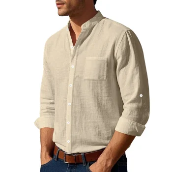 Men's Linen Mandarin Collar Shirt - Breathable Wrinkle-Free New Chinese Style with Pocket (Beige/Black/White, S-XXXL) Wholesale