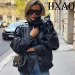 HXAO Faux Leather Jacket Coat Demi-Season Black Bomber Jacket Outerwears Long Sleeve Snap Button Cropped Motorcycle Jacket