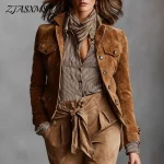 Retro Solid Suede Women's Jackets Outerwears Fashion Turn-down Collar Button Workwear Top Long Sleeve Slim Autumn Coat Cardigans