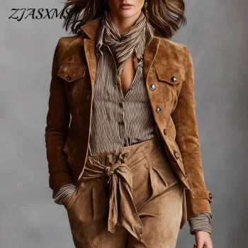 Retro Solid Suede Women's Jackets Outerwears Fashion Turn-down Collar Button Workwear Top Long Sleeve Slim Autumn Coat Cardigans