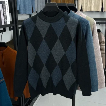 Winter Warm New Men's Plaid Half High Collar Long Sleeve Sweater Knitted Sweater Fashion Casual Versatile Top