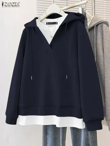 ZANZEA Women Hoodies Autumn Long Sleeve Sweatshirts 2025 Fashion Color Patchwork Hooded Casual Loose Outerwear Oversized Tops