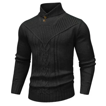 Men's Sweater Winter Shawl Collar Pullover Sweater Casual Cable Knit Button Sweaters Woolen Solid Color Fleece Tops US Size