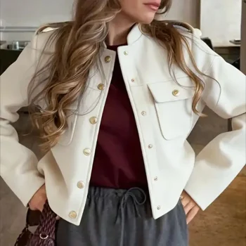 Fashion Button Bomber Jacket For Women 2025 Autumn Winter Stand Neck Coat Single Breasted Pocket Jackets Lady Casual Chic Coats