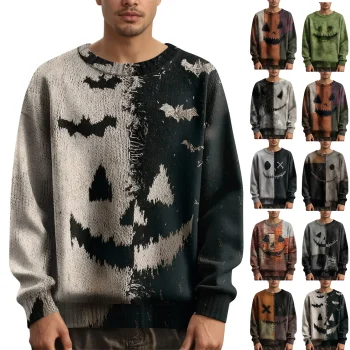 Casual Halloween Ghost And Jack-O-Lantern Pattern Halloween Print Knit Men'S Long Sleeve Pullover Sweater Oversized Sweater