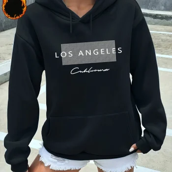 Women's autumn and winter warm and loose casual Los Angeles letter pattern printed suede long sleeved hooded sweatshirt