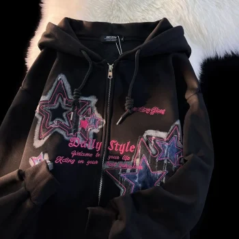 Aesthetic Star Print Cardigan Zip Up Sweatshirt Men Women Autumn Winter Loose Tide Brand Couple Hooded Zip Jacket Harajuku Y2k